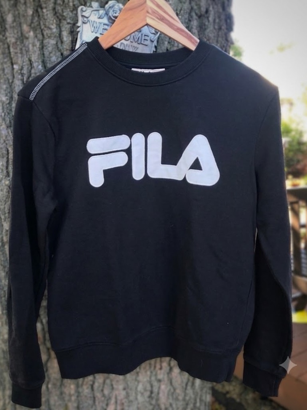 FILA Black Embroidered Spellout Logo Crewneck Sweatshirt Womens Size XS EUC